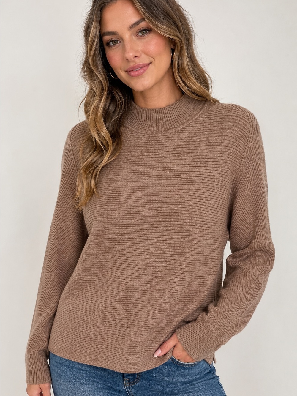 Philosophy Ribbed Mock Neck Sweater in Taupe Brown
